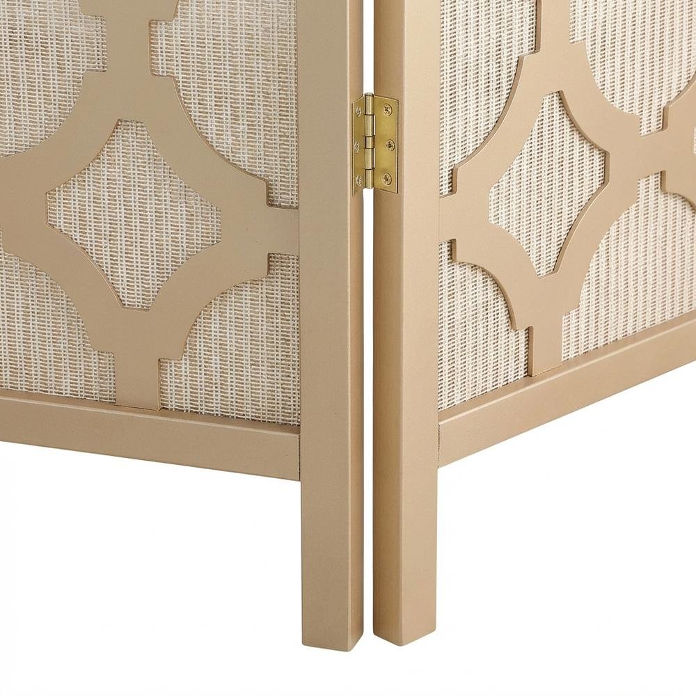 Gold 4-Panel Wood Folding Room Divider, Fabric Diamond Design, 70 Inch. Picture 5