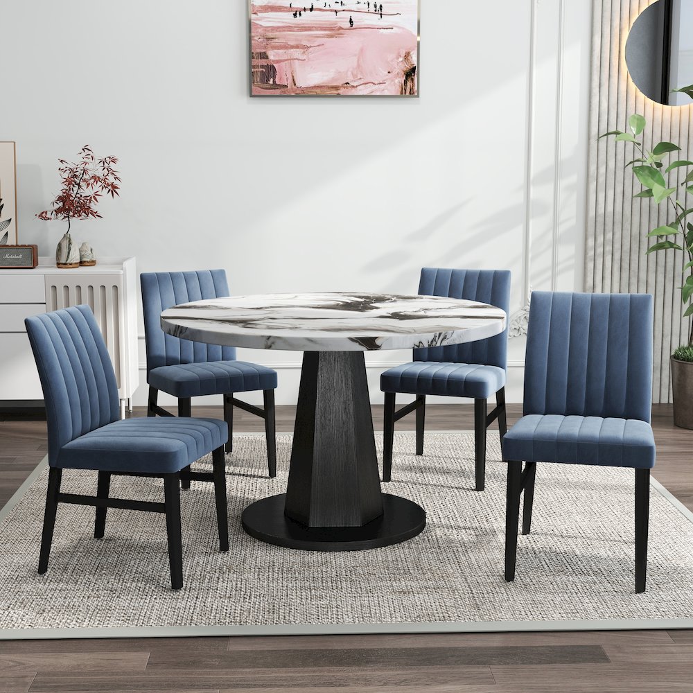 5-Piece Dining Set, Off-White Faux Marble Dining Table with Four Chairs, Blue. Picture 3