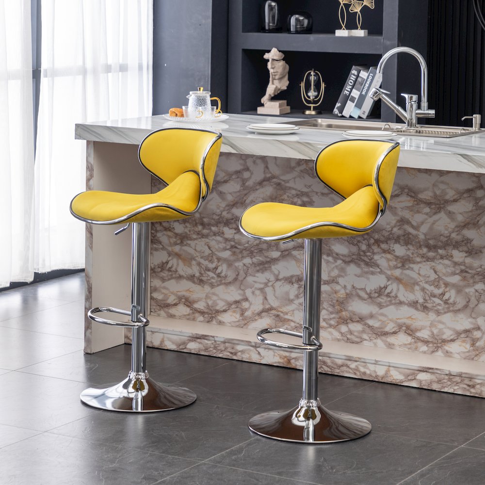 Masaccio Velvet Upholstered Adjustable Swivel Barstool, Set of 2, Yellow. Picture 7