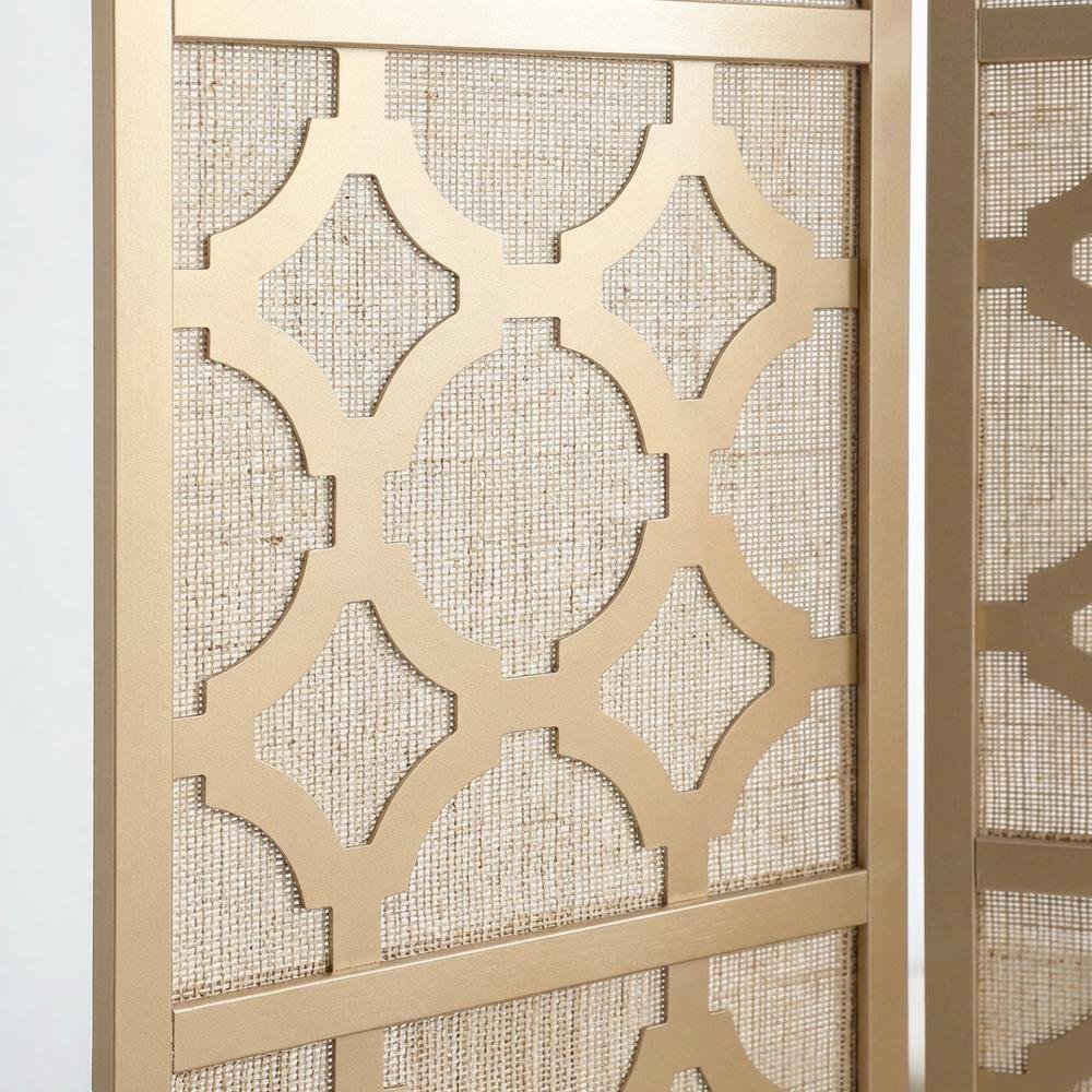 Gold 4-Panel Wood Folding Room Divider, Fabric Diamond Design, 70 Inch. Picture 6