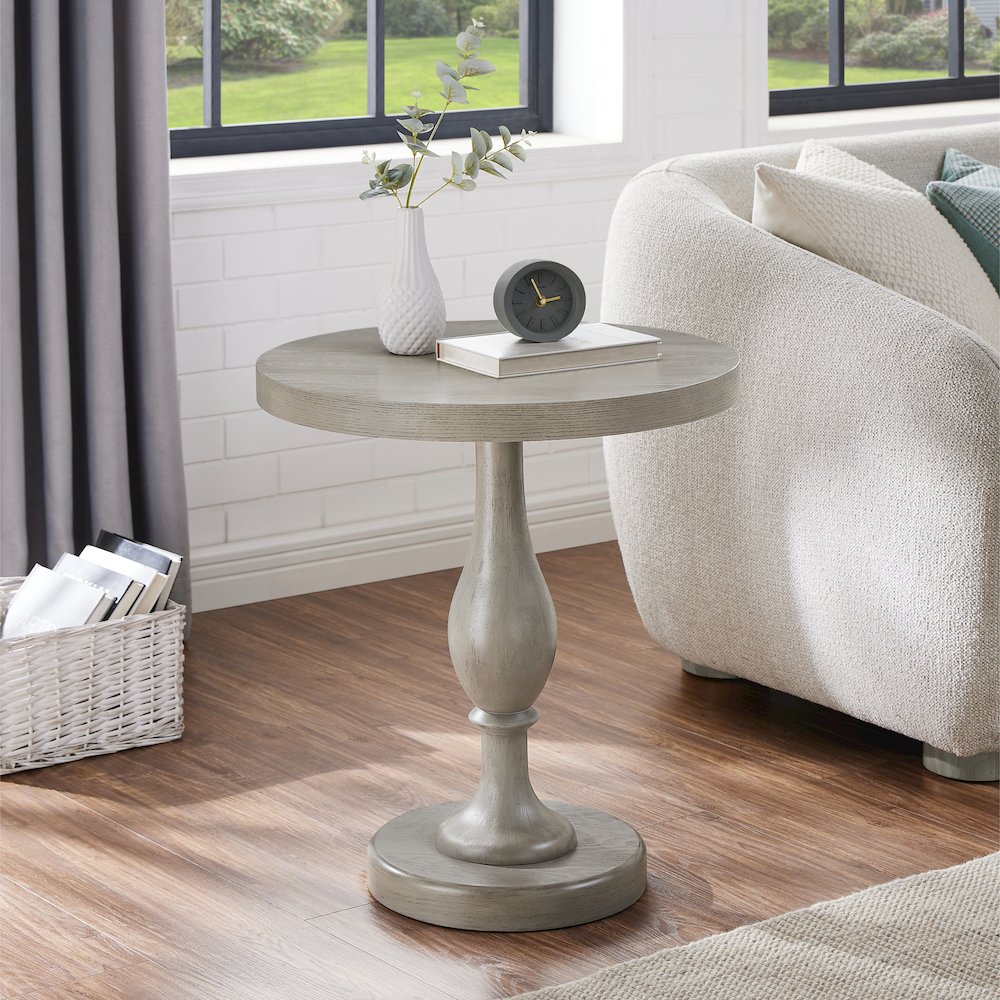 Solmere 22" Round Wood Pedestal End Table, Gray. Picture 3