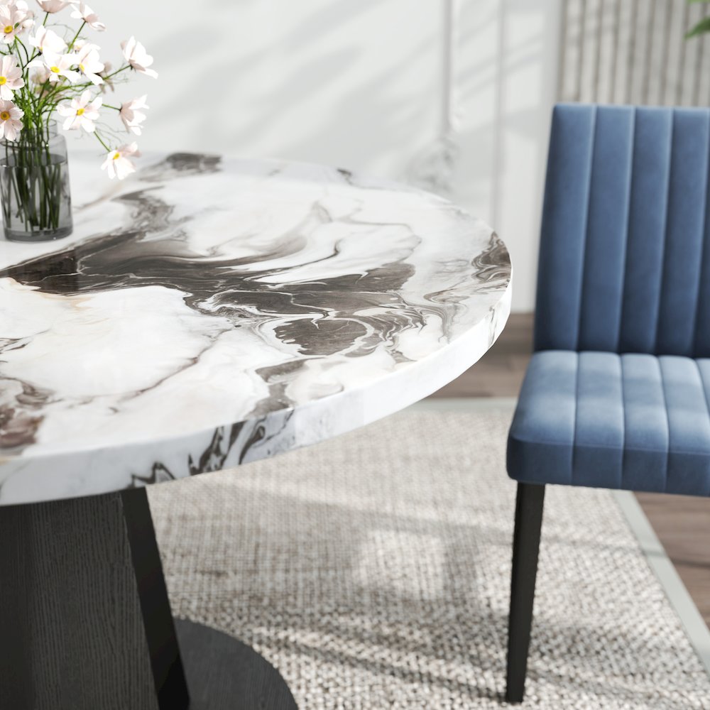 5-Piece Dining Set, Off-White Faux Marble Dining Table with Four Chairs, Blue. Picture 10