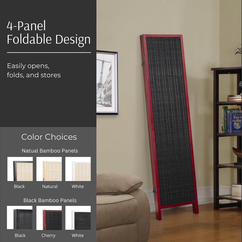 Inkwell 4-Panel Bamboo Room Divider, Folding Screen, Black with Red Frame. Picture 4