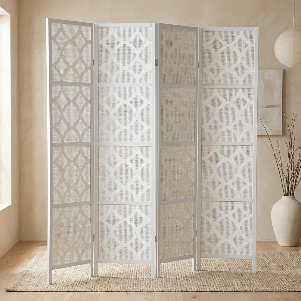 Silver 4-Panel Wood Folding Room Divider, Fabric Diamond Design, 70 Inch. Picture 2
