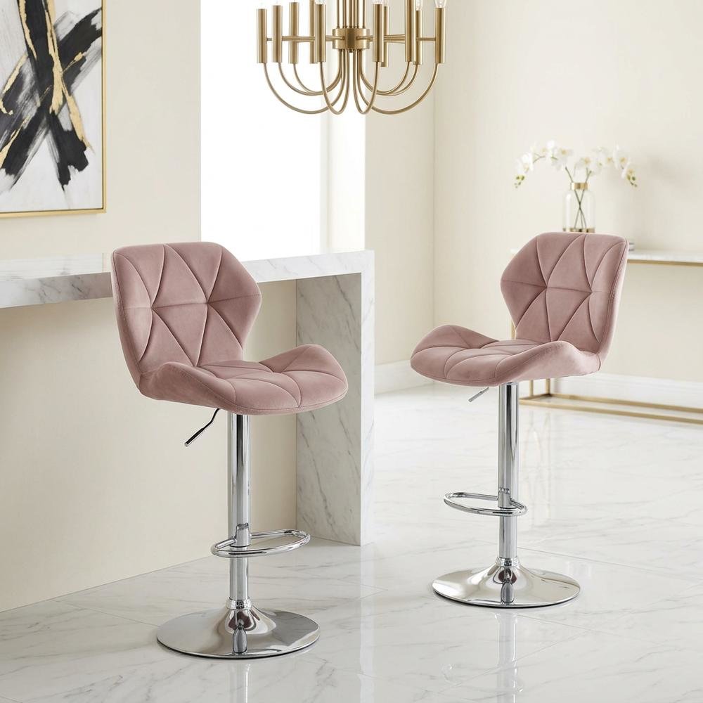 Mauve Velvet Diamond Tufted Swivel Barstool Set of 2 with Adjustable Height. Picture 5
