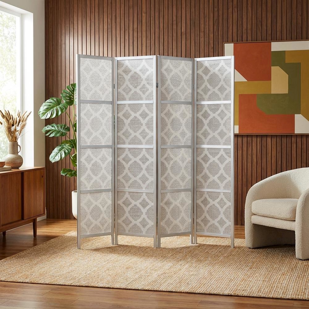 Silver 4-Panel Wood Folding Room Divider, Fabric Diamond Design, 70 Inch. Picture 3