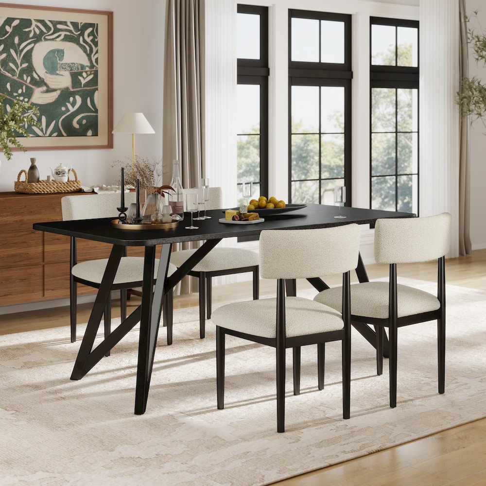 Axler 5-Piece Dining Set, Tripod-Cross Dining Table with 4 Boucle Chairs, Black. Picture 2