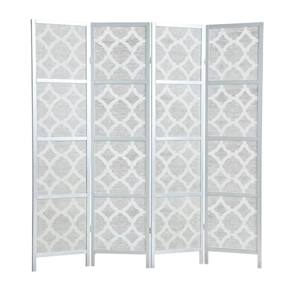 Silver 4-Panel Wood Folding Room Divider, Fabric Diamond Design, 70 Inch. Picture 4