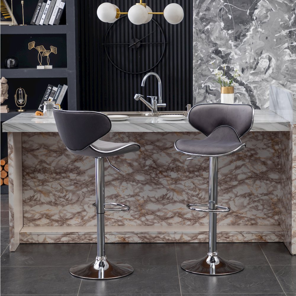 Masaccio Velvet Upholstered Adjustable Swivel Barstool, Set of 2, Gray. Picture 4