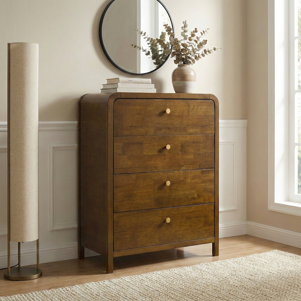 Eldren 4-Drawer Wood Chest with Solid Rubberwood Frame, Walnut Finish. Picture 2