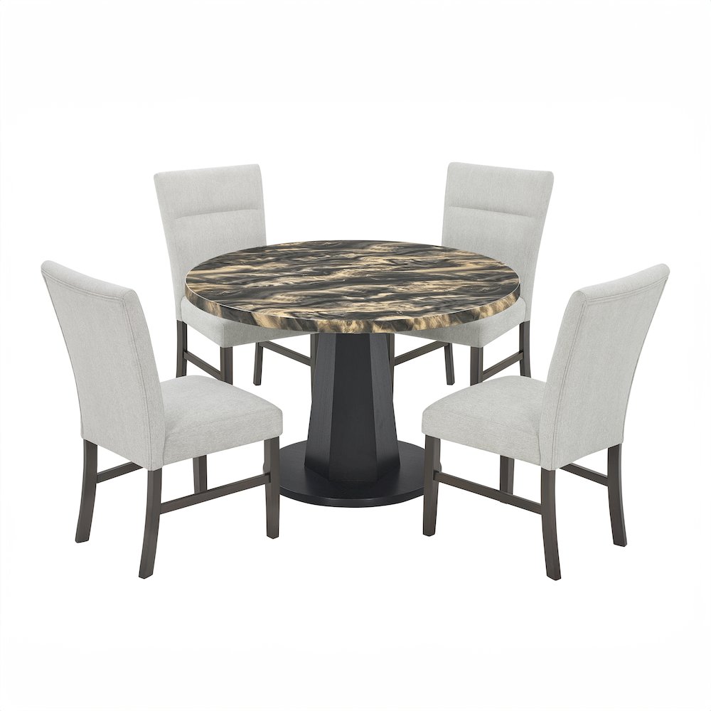 Cavira 5-PC Dining Set, Black and Gold Faux Marble Table with Four Gray Chairs. Picture 1