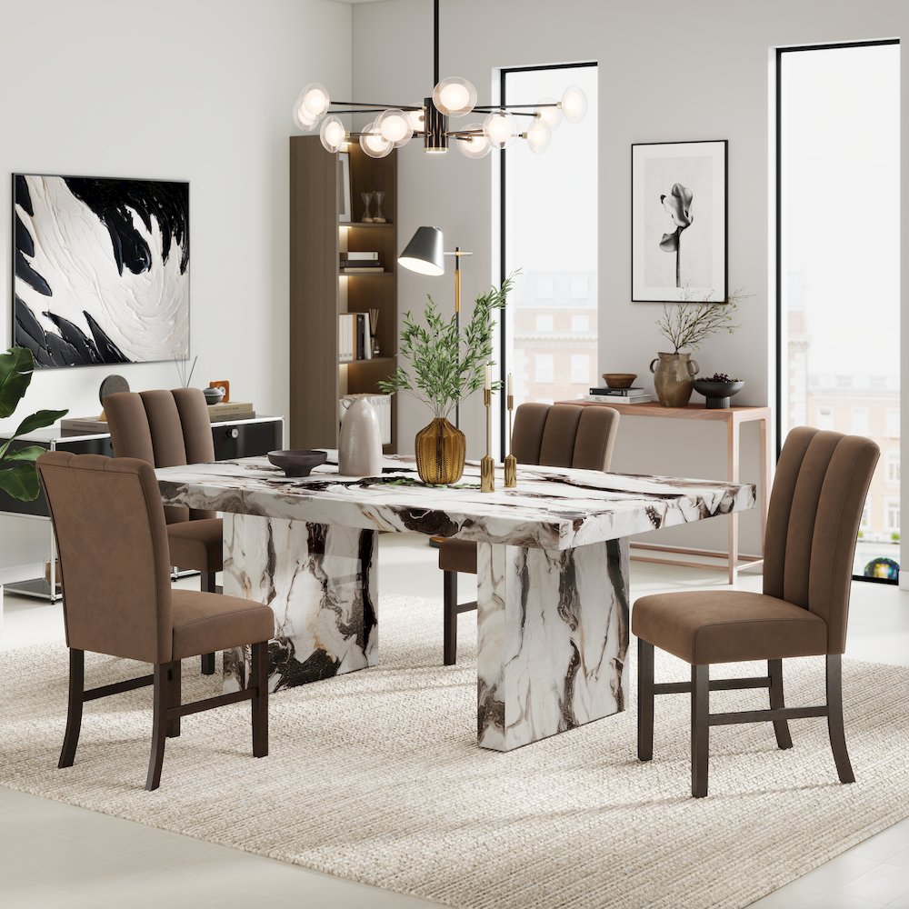 Cavira 5-PC Faux Marble Dining Set, Double Pedestal Table with 4 Chairs. Picture 3