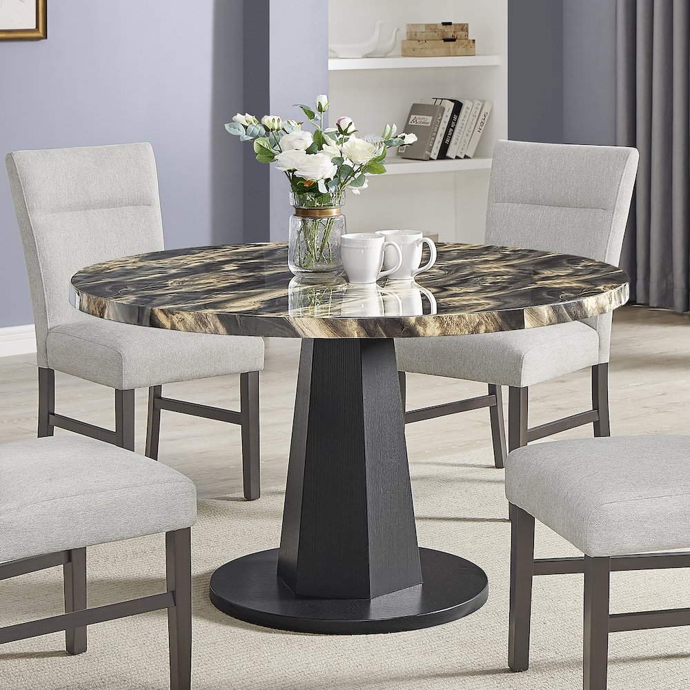 Cavira 5-PC Dining Set, Black and Gold Faux Marble Table with Four Gray Chairs. Picture 3