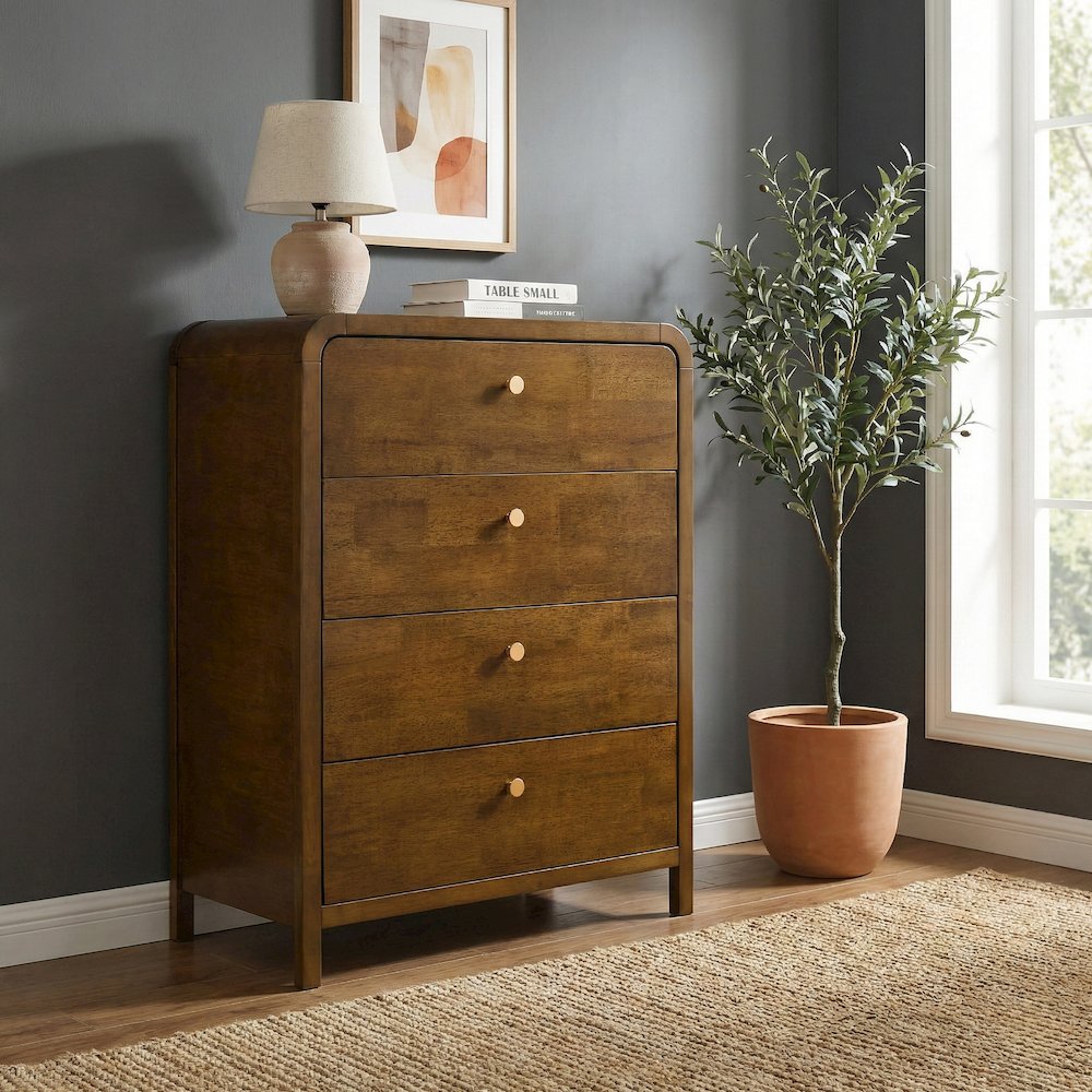 Eldren 4-Drawer Wood Chest with Solid Rubberwood Frame, Walnut Finish. Picture 4
