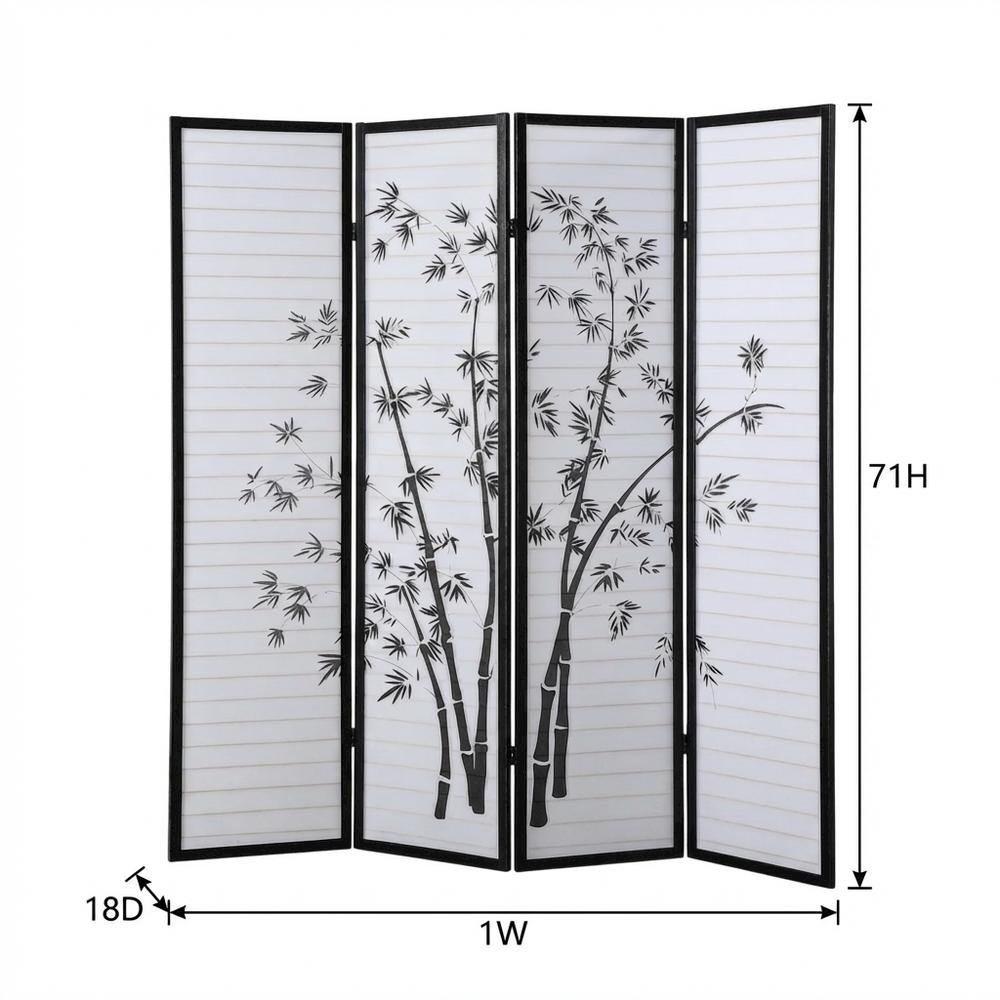Black 4-Panel Wood Folding Room Divider, Bamboo Print Rice Paper, 71 Inch. Picture 7