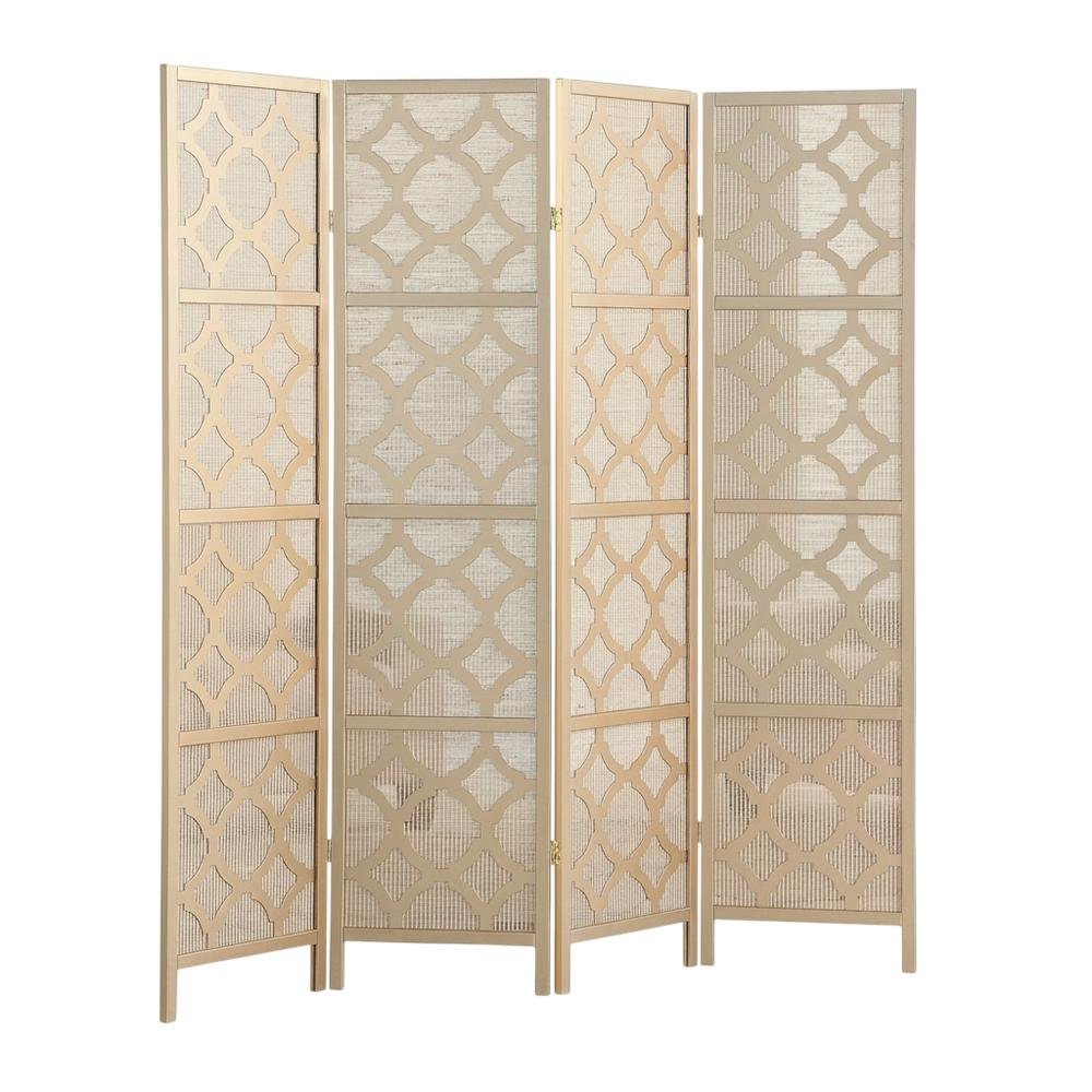 Gold 4-Panel Wood Folding Room Divider, Fabric Diamond Design, 70 Inch. Picture 1