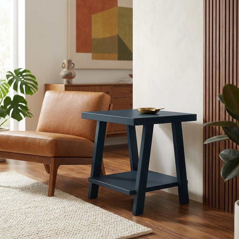 Navy Blue Wood Shelf End Table with Modern Design and Sturdy Construction. Picture 2