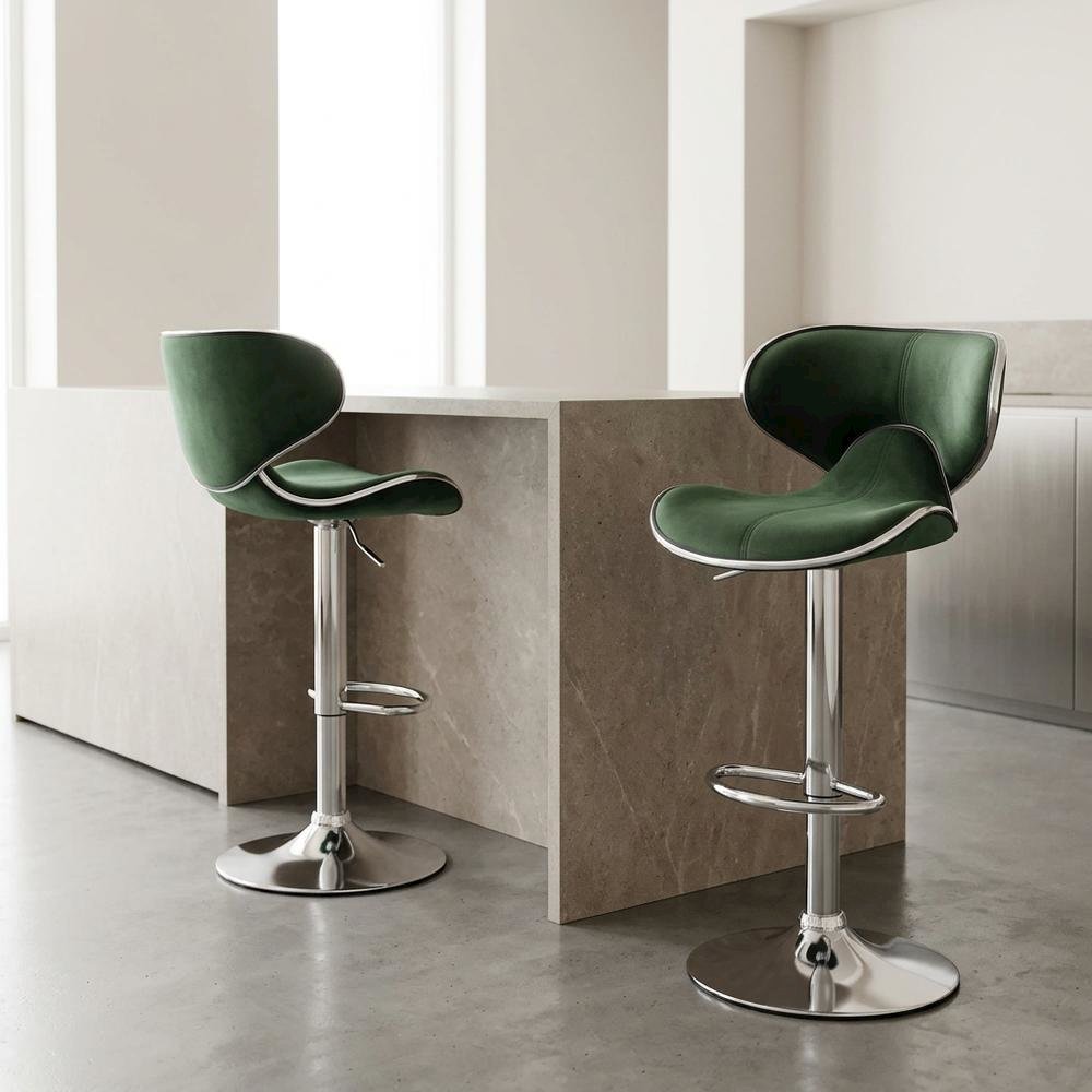 Green Velvet Swivel Barstool Set with Adjustable Height for Home or Bar. Picture 5