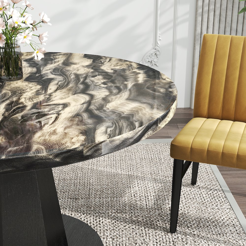 5-Piece Dining Set, Black and Gold Faux Marble Dining Table Four Chairs, Yellow. Picture 10