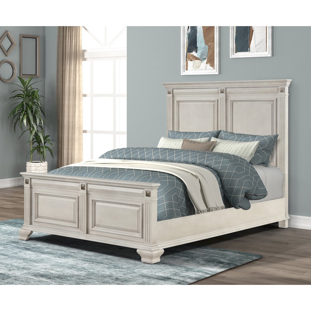 Distressed Parchment Wood Bedroom Set, Queen Bed, Dresser, Mirror, Nightstand. Picture 3