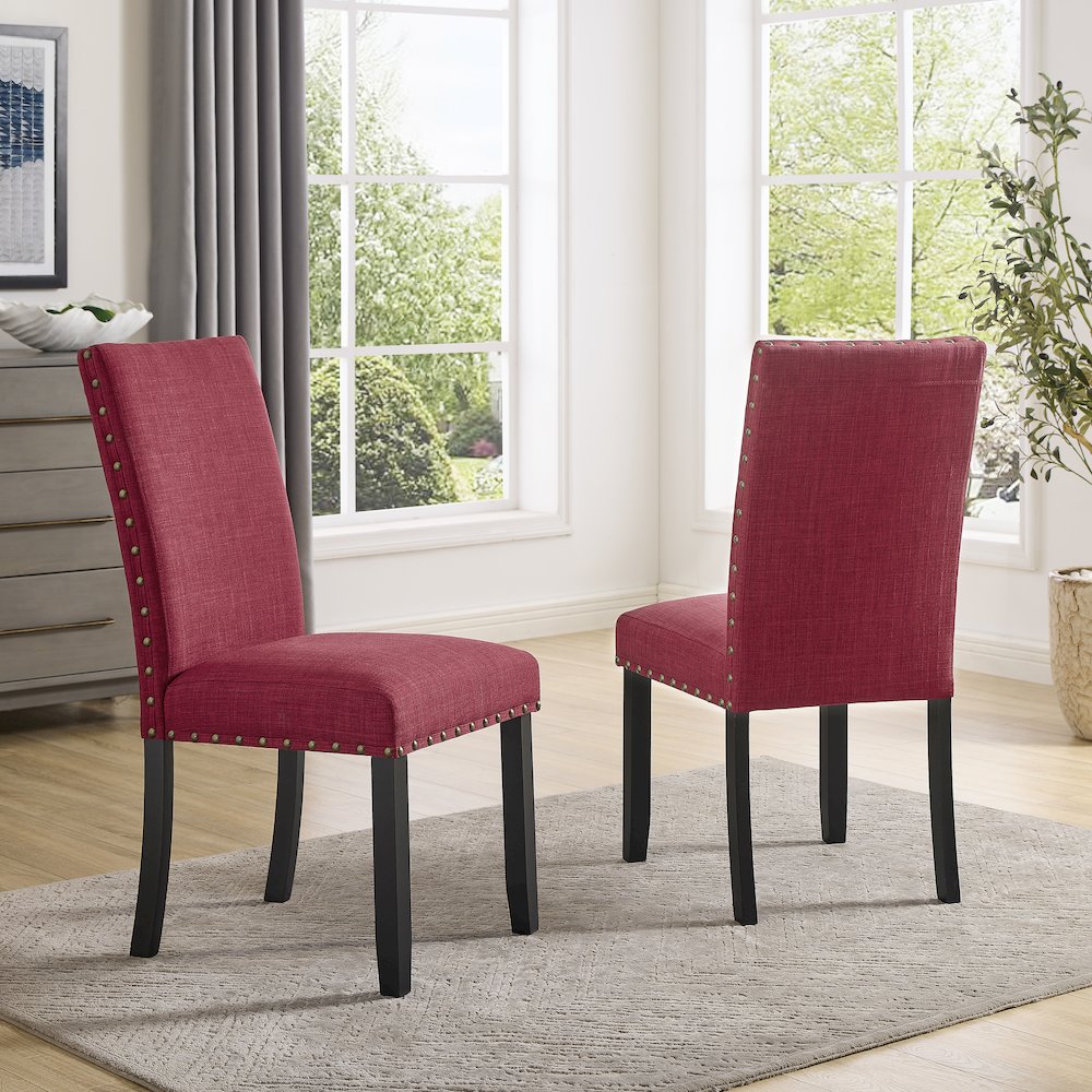 Biony Espresso Wood Dining Set with 4 Fabric Nailhead Chairs, Red. Picture 7