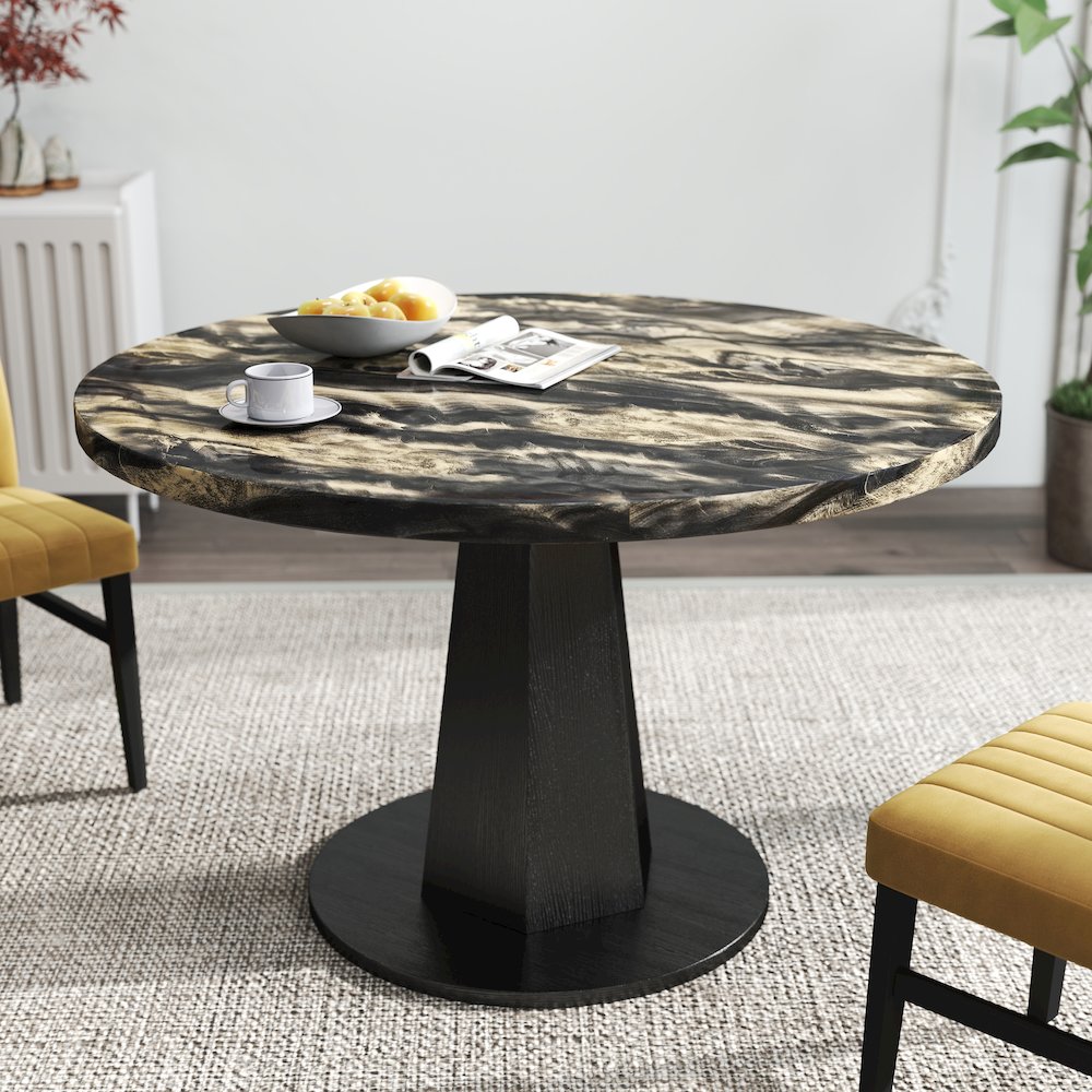 5-Piece Dining Set, Black and Gold Faux Marble Dining Table Four Chairs, Yellow. Picture 9