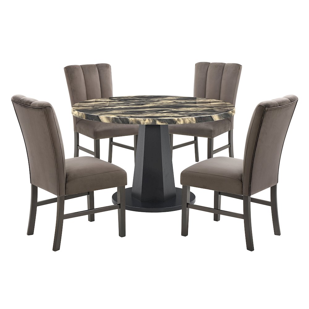Cavira 5-PC Dining Set, Black and Gold Faux Marble Table with 4 Brown Chairs. Picture 1