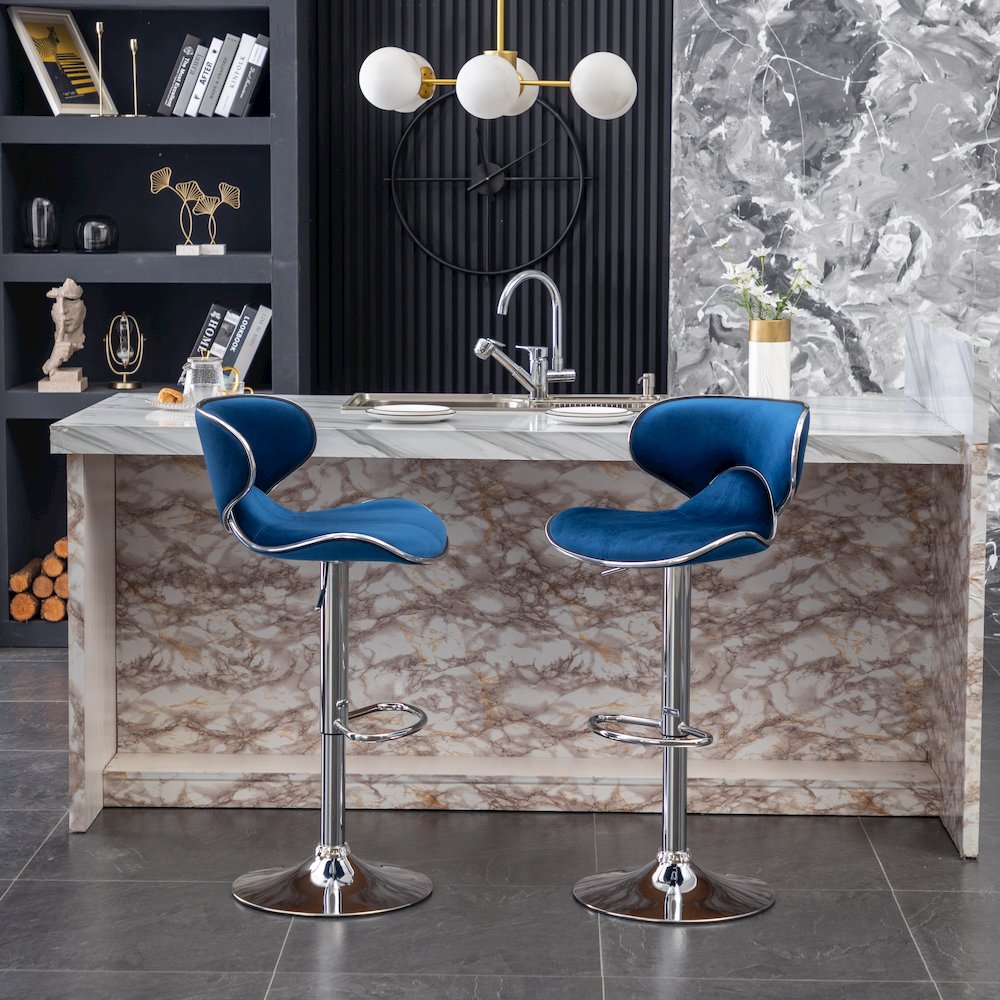 Masaccio Velvet Upholstered Adjustable Swivel Barstool, Set of 2, Blue. Picture 5
