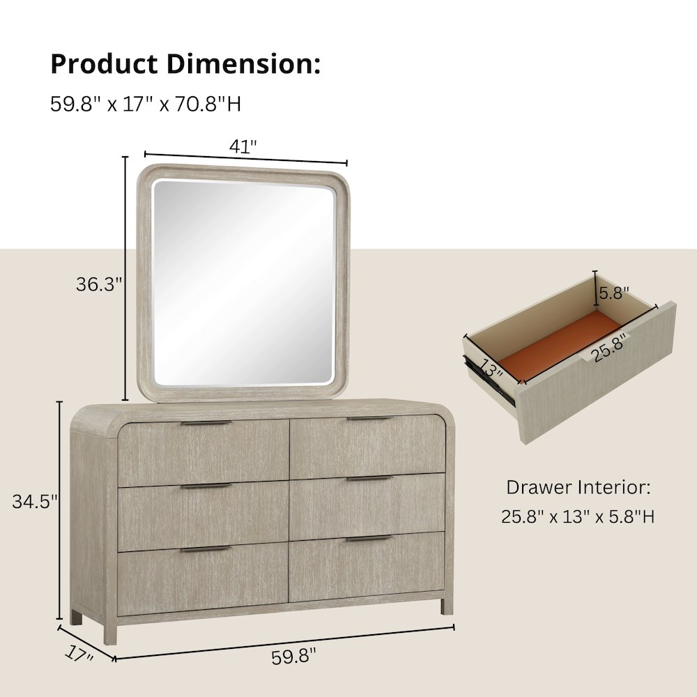Tavari Contemporary 6-Drawer Wood Dresser with Mirror, Light Gray. Picture 14