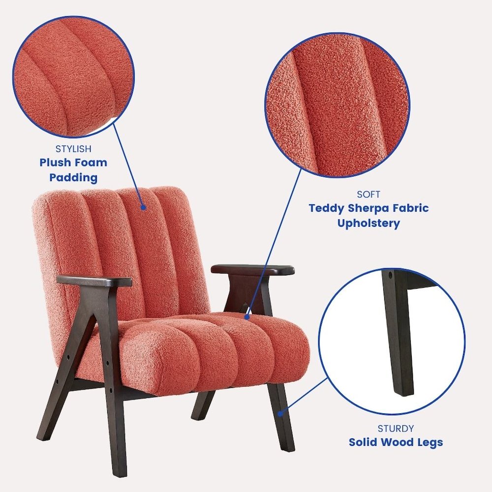 Rella Modern Teddy Sherpa Accent Chair with Espresso Wood Frame, Coral. Picture 8