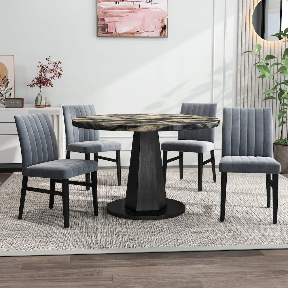 5-Piece Dining Set, Black and Gold Faux Marble Dining Table Four Chairs, Gray. Picture 3