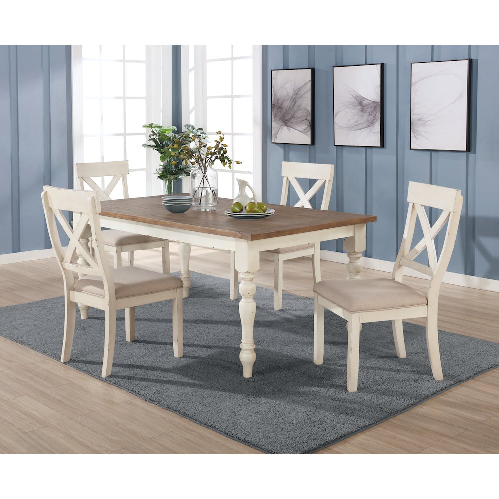 Prato 5-PC Dining Set With Cross Back Chairs, Antique White and Distressed Oak. Picture 2