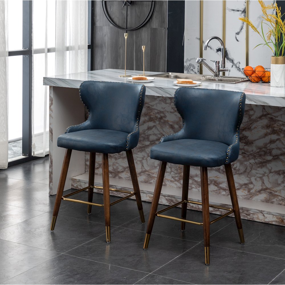 Nevis Modern Faux Leather Tufted Nailhead Trim Counter Stool Set of 2, Blue. Picture 7