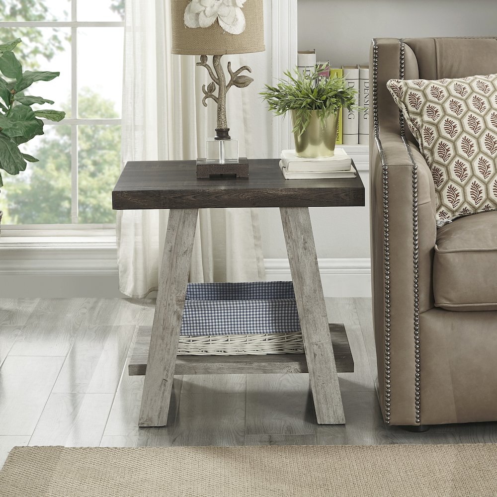 Athens Contemporary Two-Tone Wood Shelf End Table in Weathered Walnut and Gray. Picture 2