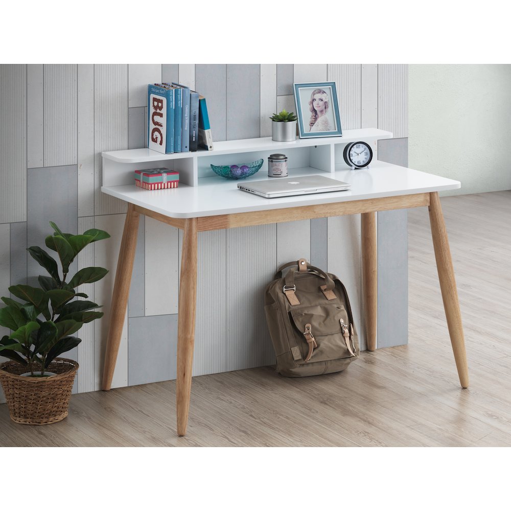 Roskilde Mid-Century Modern Wood Writing Desk with Hutch, White. Picture 3