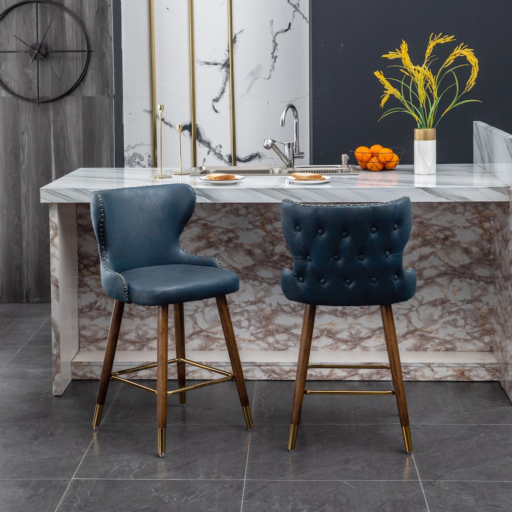 Nevis Modern Faux Leather Tufted Nailhead Trim Counter Stool Set of 2, Blue. Picture 5