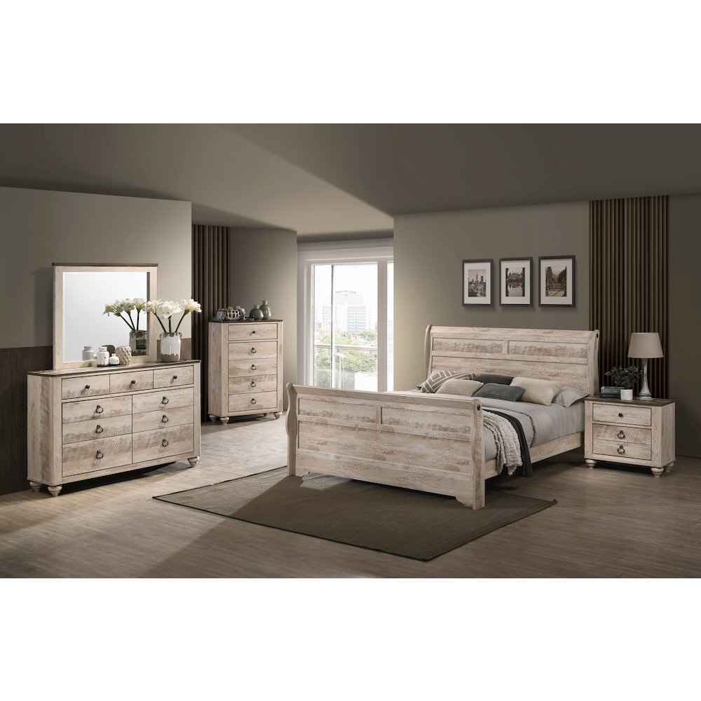 Imerland Contemporary White Wash Finish 6PC Bedroom Set with Queen Sleigh Bed. Picture 4