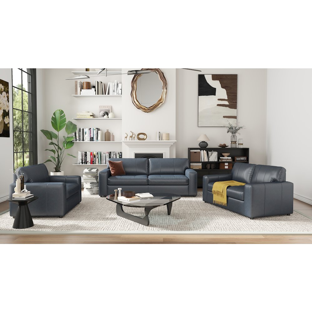 Sakan Leather 3-Pc Living Room Set, Sofa Loveseat and Chair, Blue. Picture 2