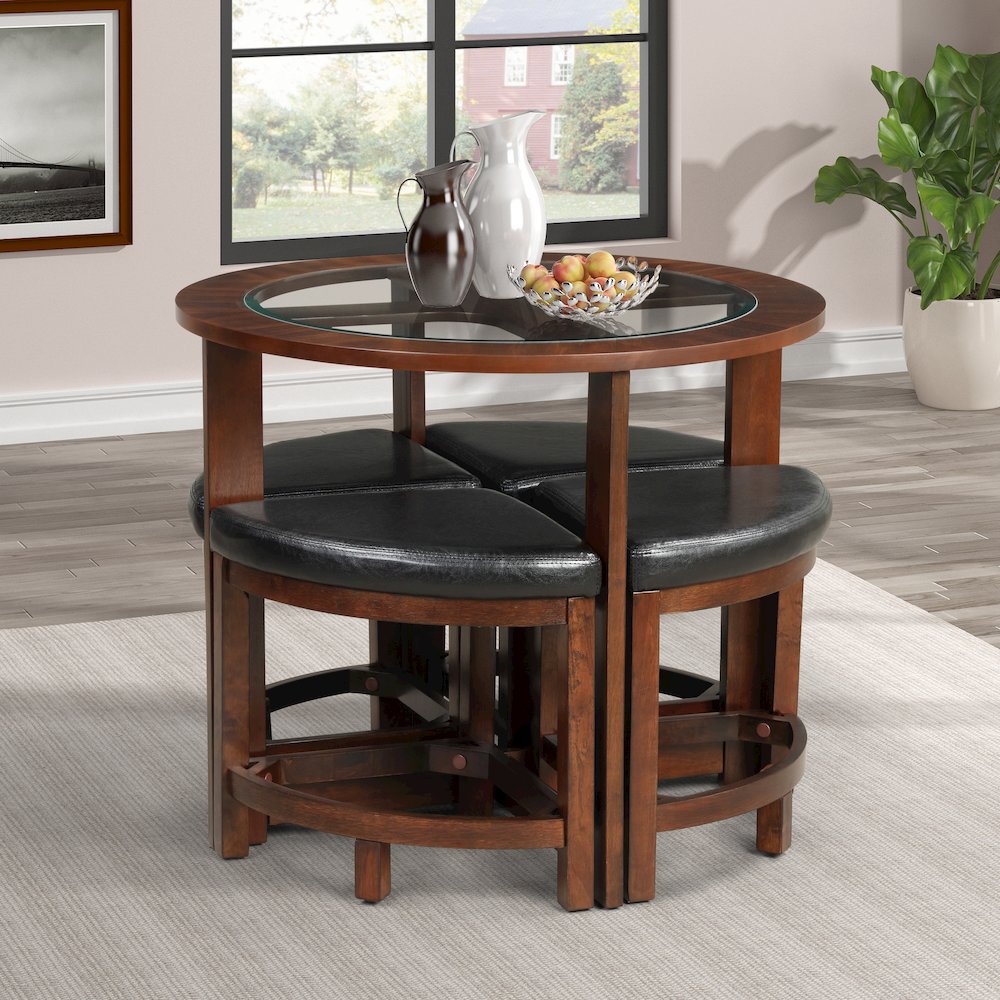 Cylina Solid Wood Glass Top Round Dining Table with 4 Chairs. Picture 3