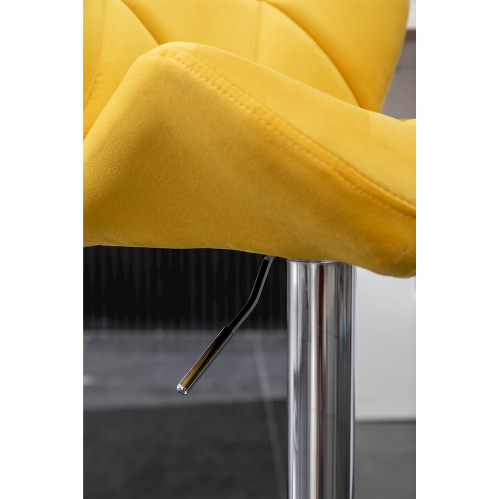 Breni Velvet Diamond Tufted Swivel Adjustable Height Barstool, Set of 2, Yellow. Picture 10