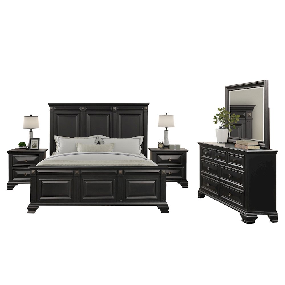 Vintage Black Wood Bedroom Set, King Panel Bed, Dresser, Mirror, 2 Nightstands. Picture 1