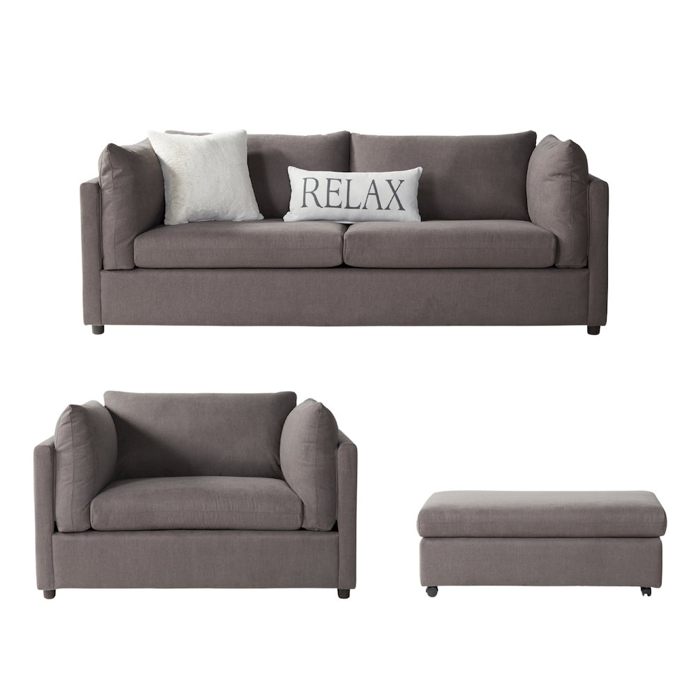 Enda Pillow Back Fabric 3-Piece Sofa and Cuddler Chair Set, Carbon Gray. Picture 1