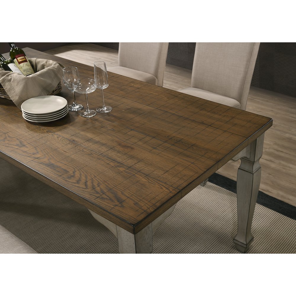 Breda Antique Gray and Dark Oak Finished Wood Dining Set, Table, Bench, Chairs. Picture 4