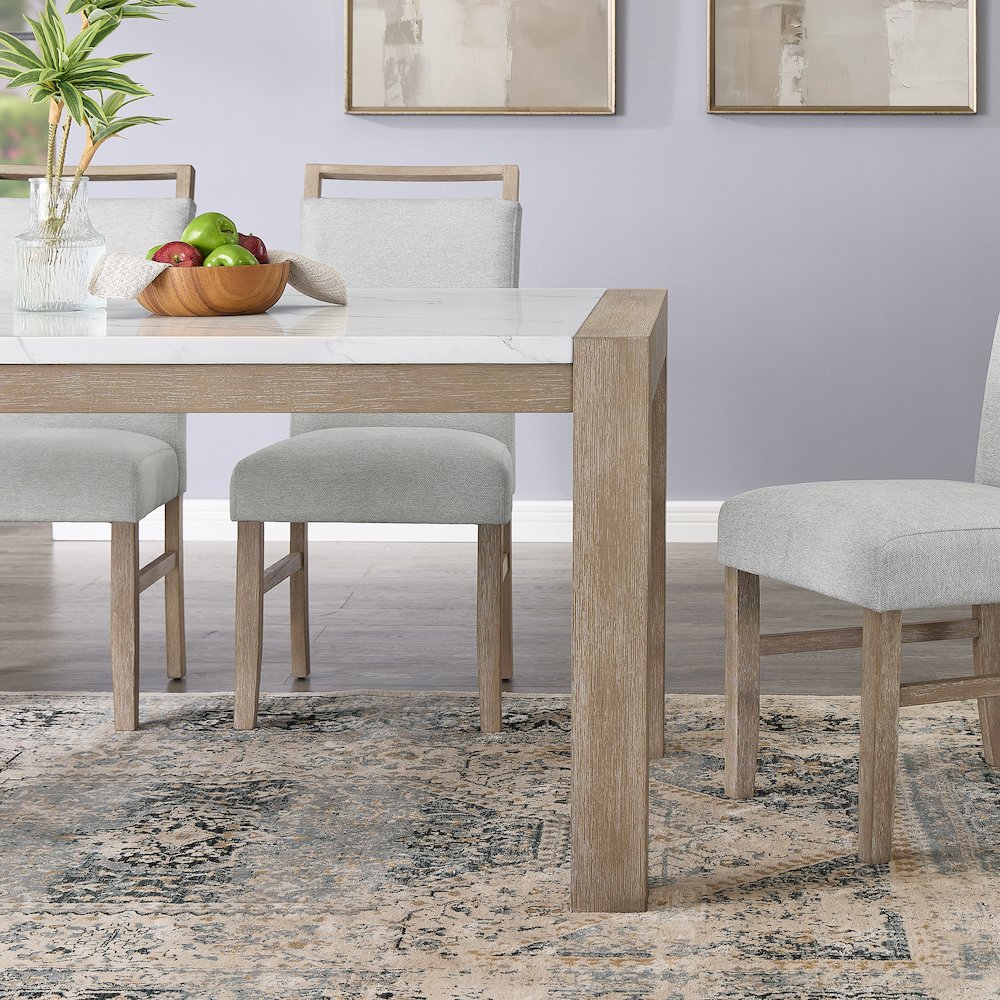 Zelalle Dining Table, Faux Marble Paper Top and White Wired-Brushed Finish. Picture 5