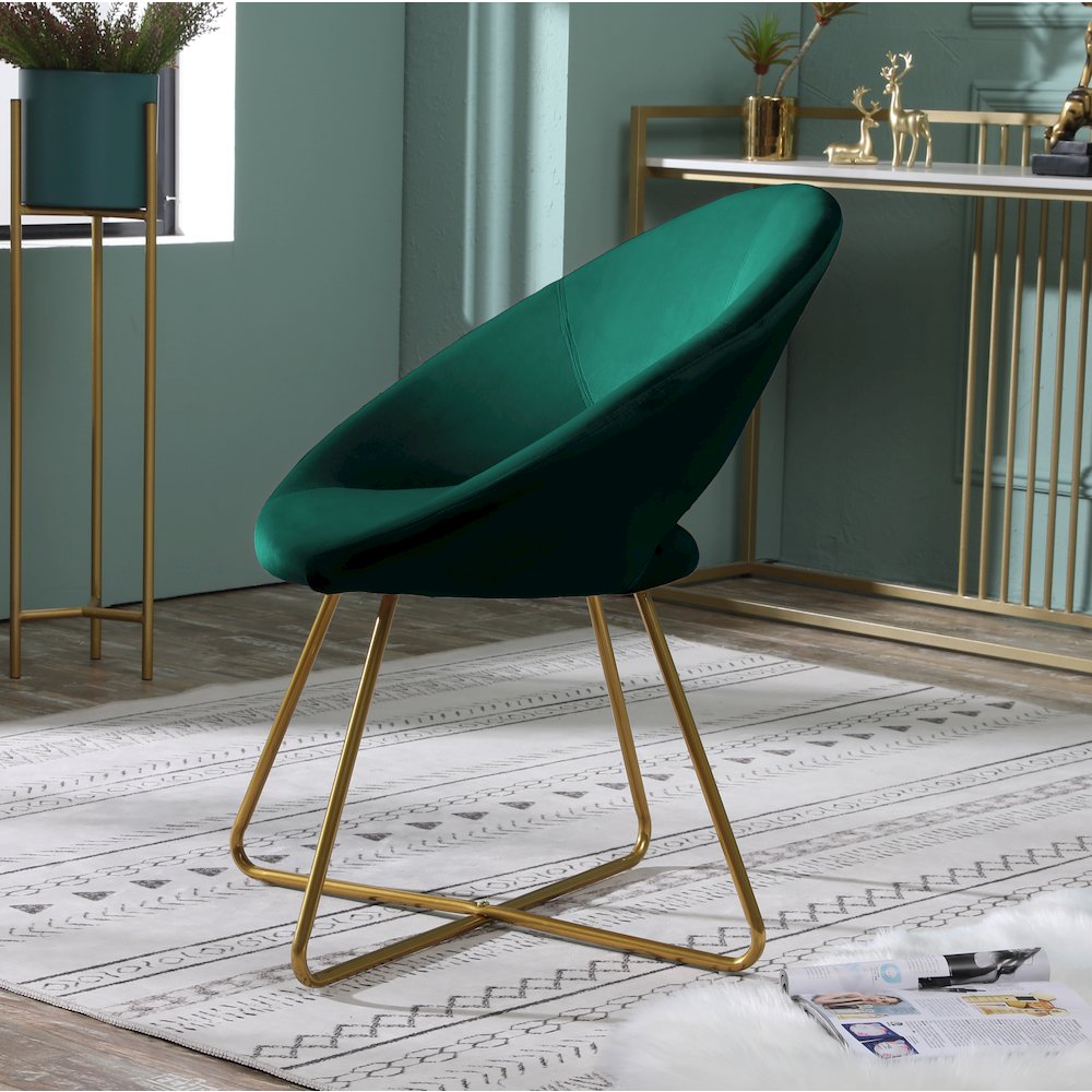 Slatina Green Silky Velvet Upholstered Accent Chair with Gold Tone Finished Base. Picture 3
