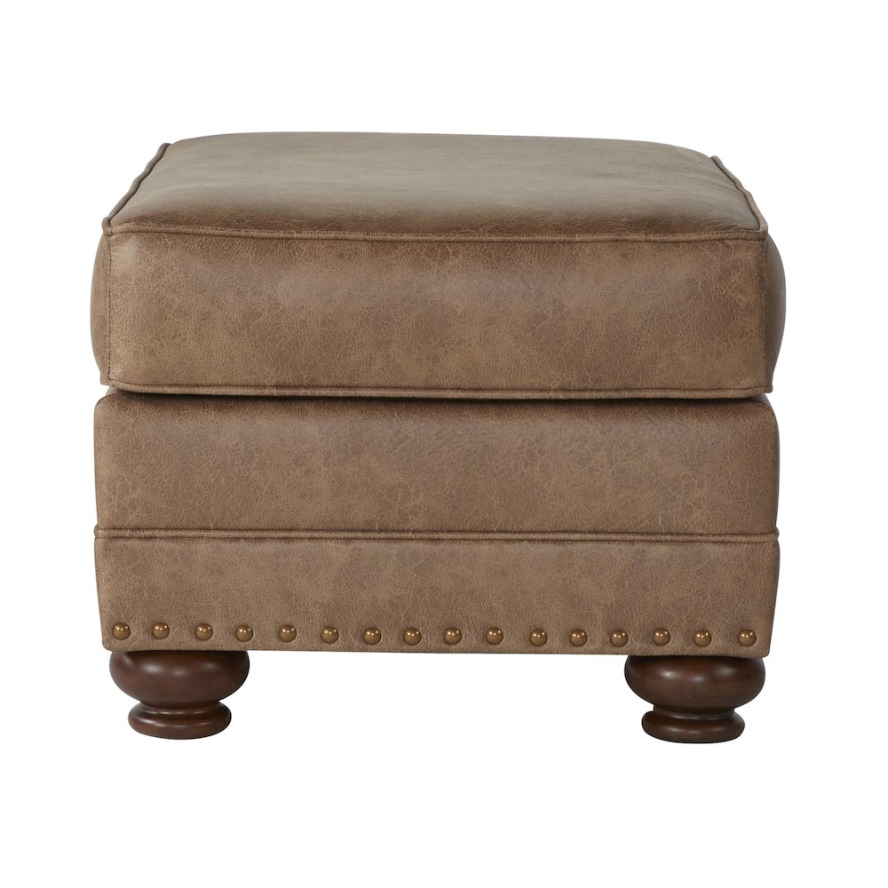 Leinster Faux Leather Ottoman with Antique Bronze Nailheads in Jetson Ginger. Picture 3