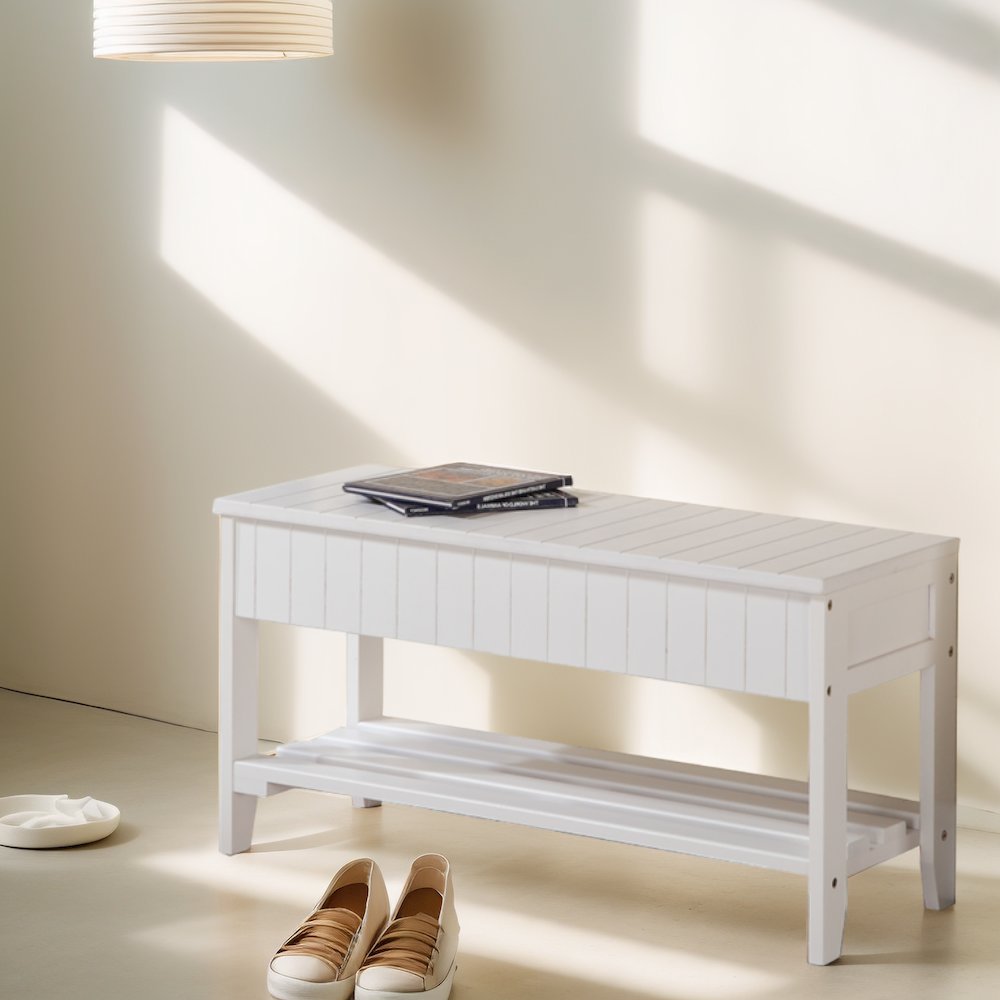 Leno Quality Solid Wood Shoe Bench with Storage, White. Picture 5