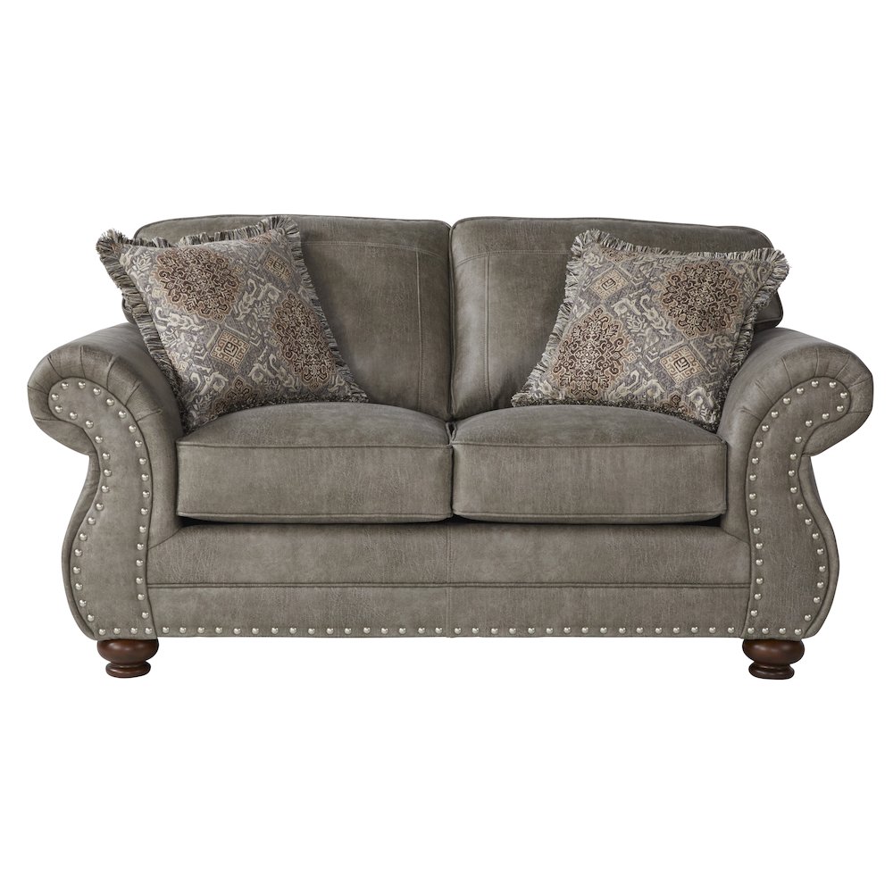 Leinster Faux Leather Upholstered Nailhead Sofa and Loveseat Set in Stone Gray. Picture 5