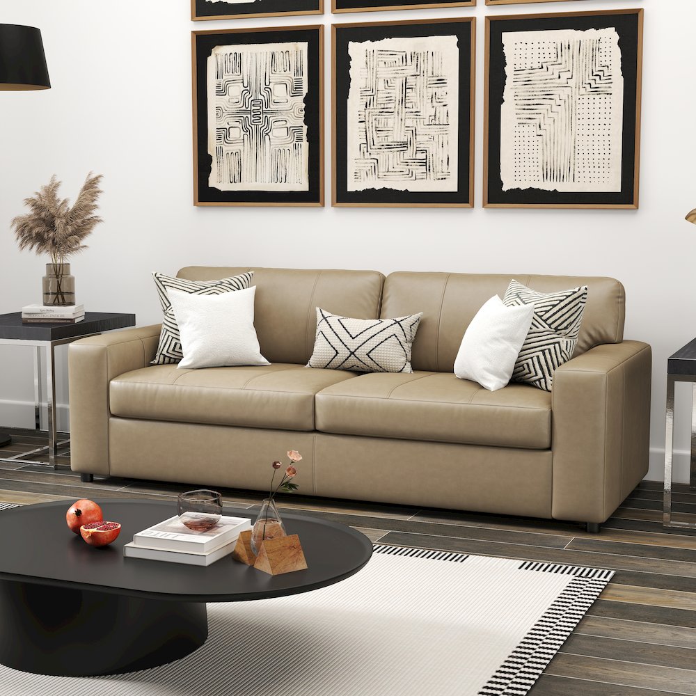Sakan Leather Upholstered Sofa, Beige. Picture 4