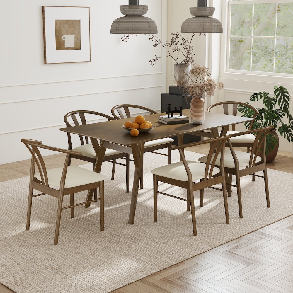 7-Piece Dining Set, Walnut Finished Dining Table with 6 Brown Wishbone Chairs. Picture 4